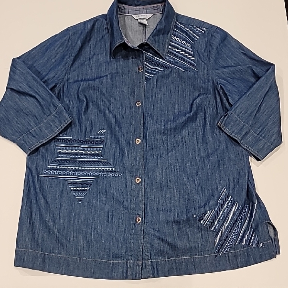 City Blue Chambray Embroidered Patriotic Stars Shirt Blue 18W - Picture 4 of 11